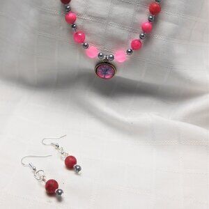 No 1055 Beautiful handmade earrings and necklace with enameled piece